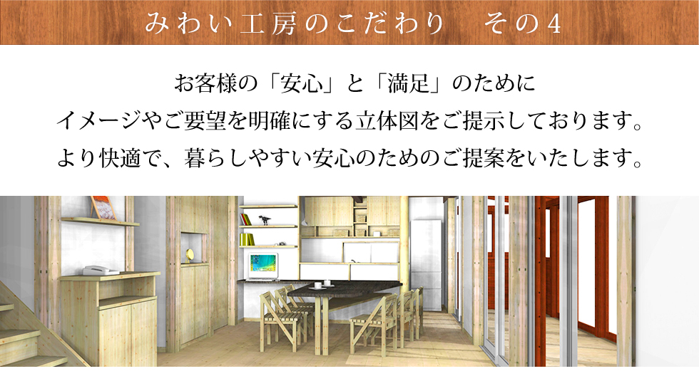 お客様のイメージやご要望をより明確にするために、パース図と呼ばれる立体図をご提示しております。